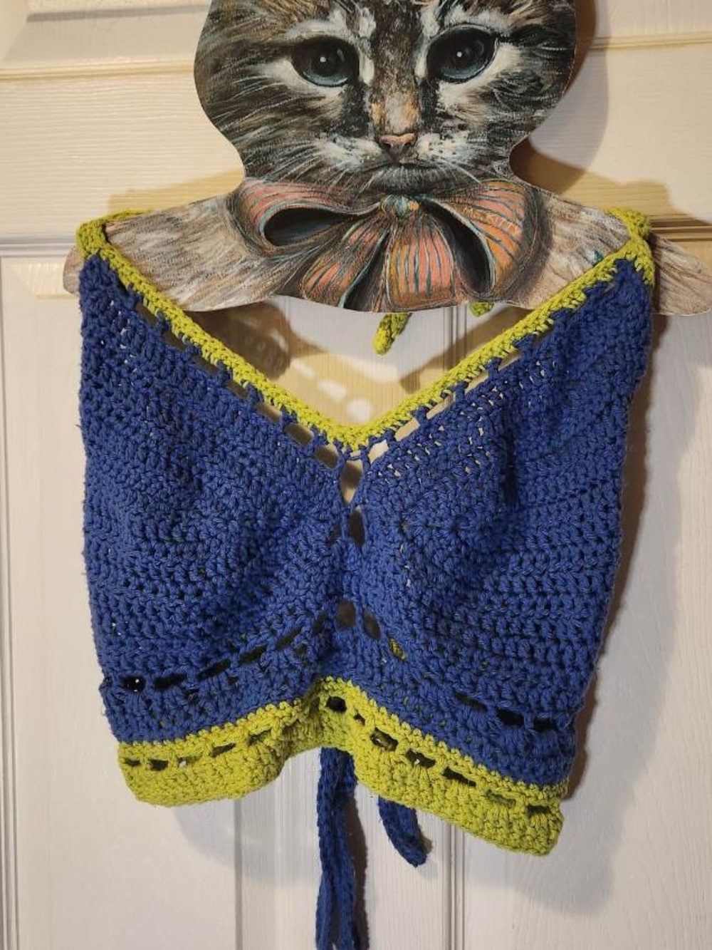 Handmade OOAK royal blue crochet halter top with green trim